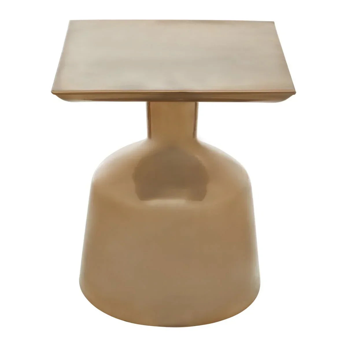Square gold metal side table with pedestal base, studio background