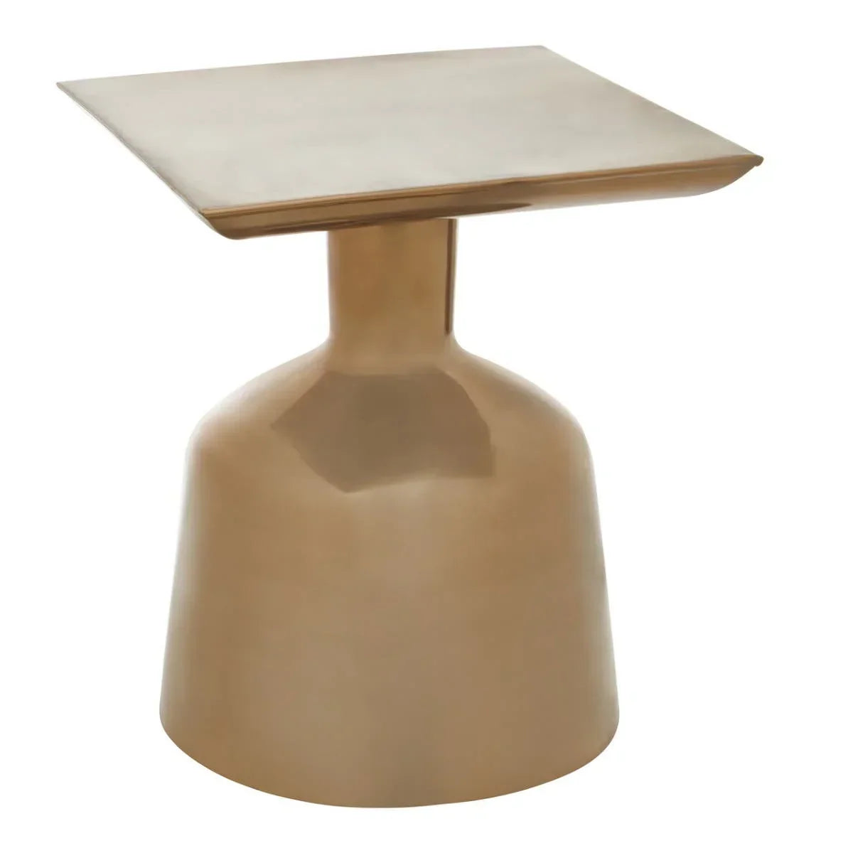Brass finish square side table with modern pedestal base and smooth metallic surface
