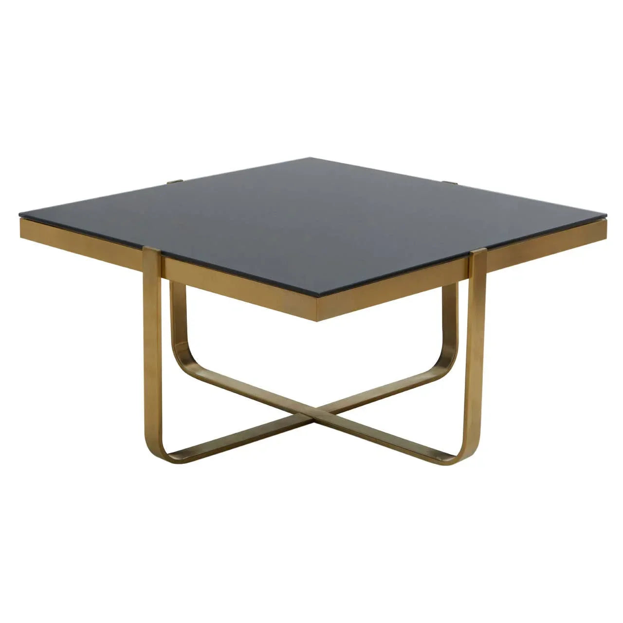 Square coffee table with black glass top and gold metal cross base