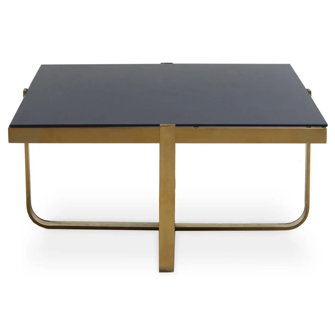 Rectangular coffee table with black glass top and gold metal frame, front view