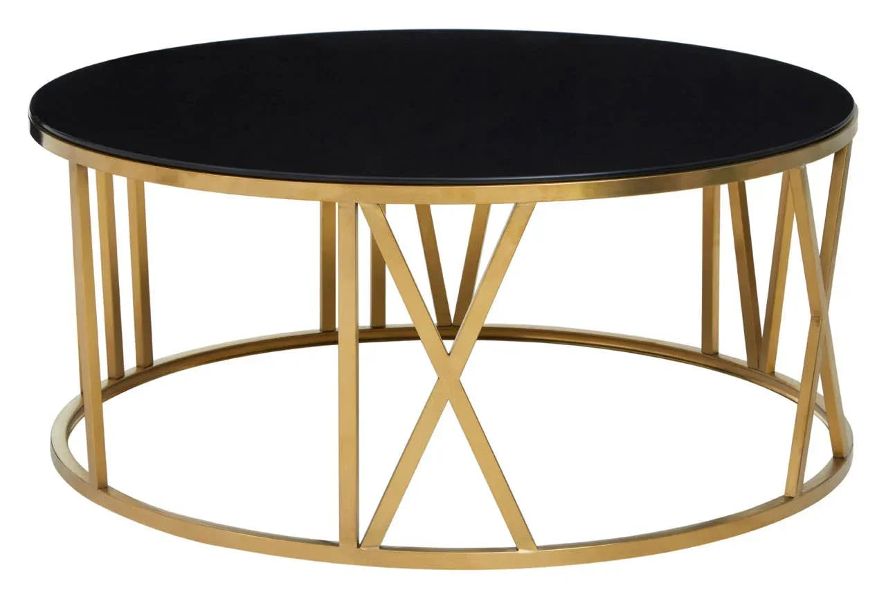 Round coffee table with black glass top and gold metal frame, geometric base detail