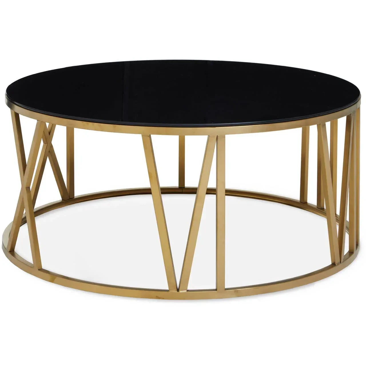 Round black glass coffee table with gold metal geometric frame