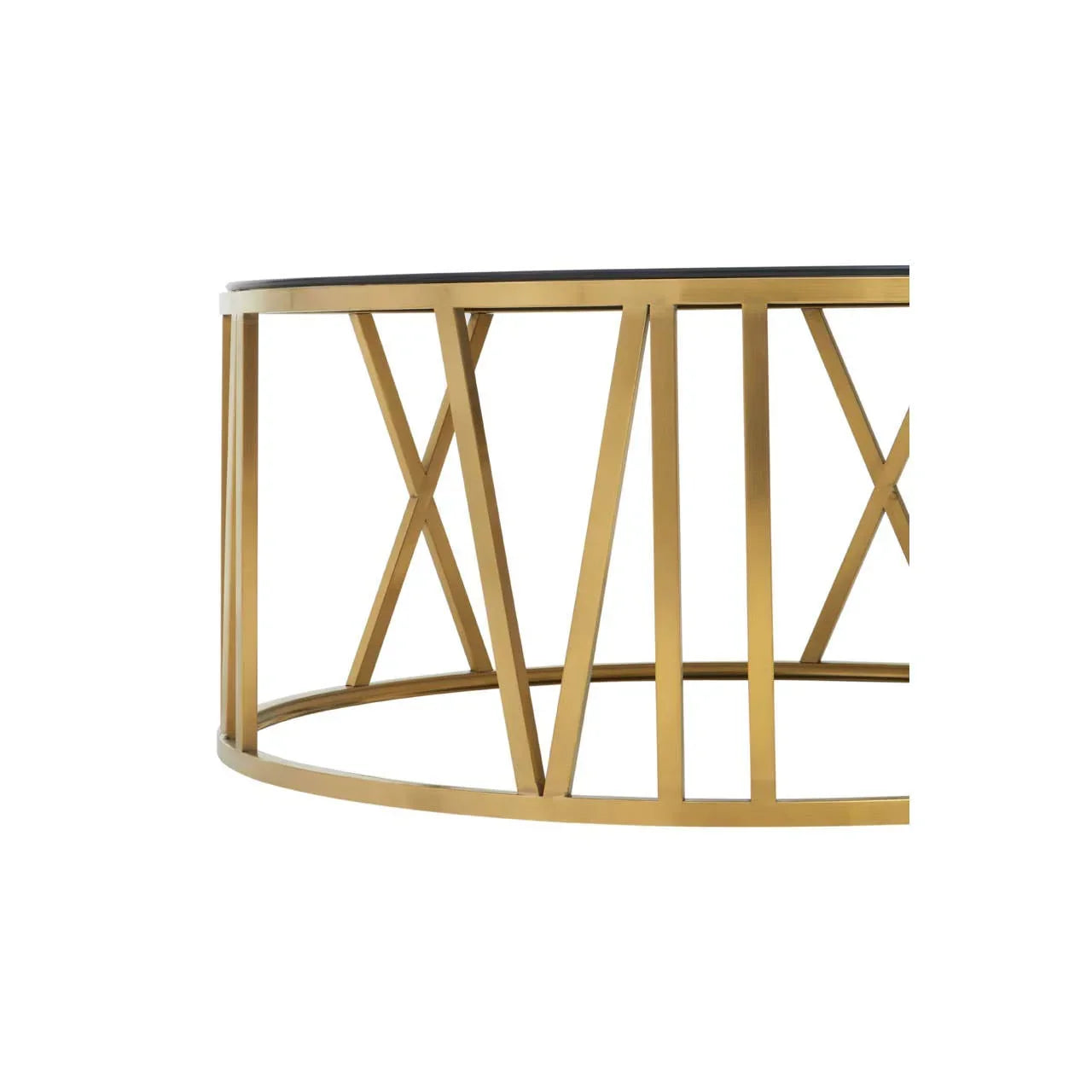 Round coffee table with gold metal frame and geometric cross detailing