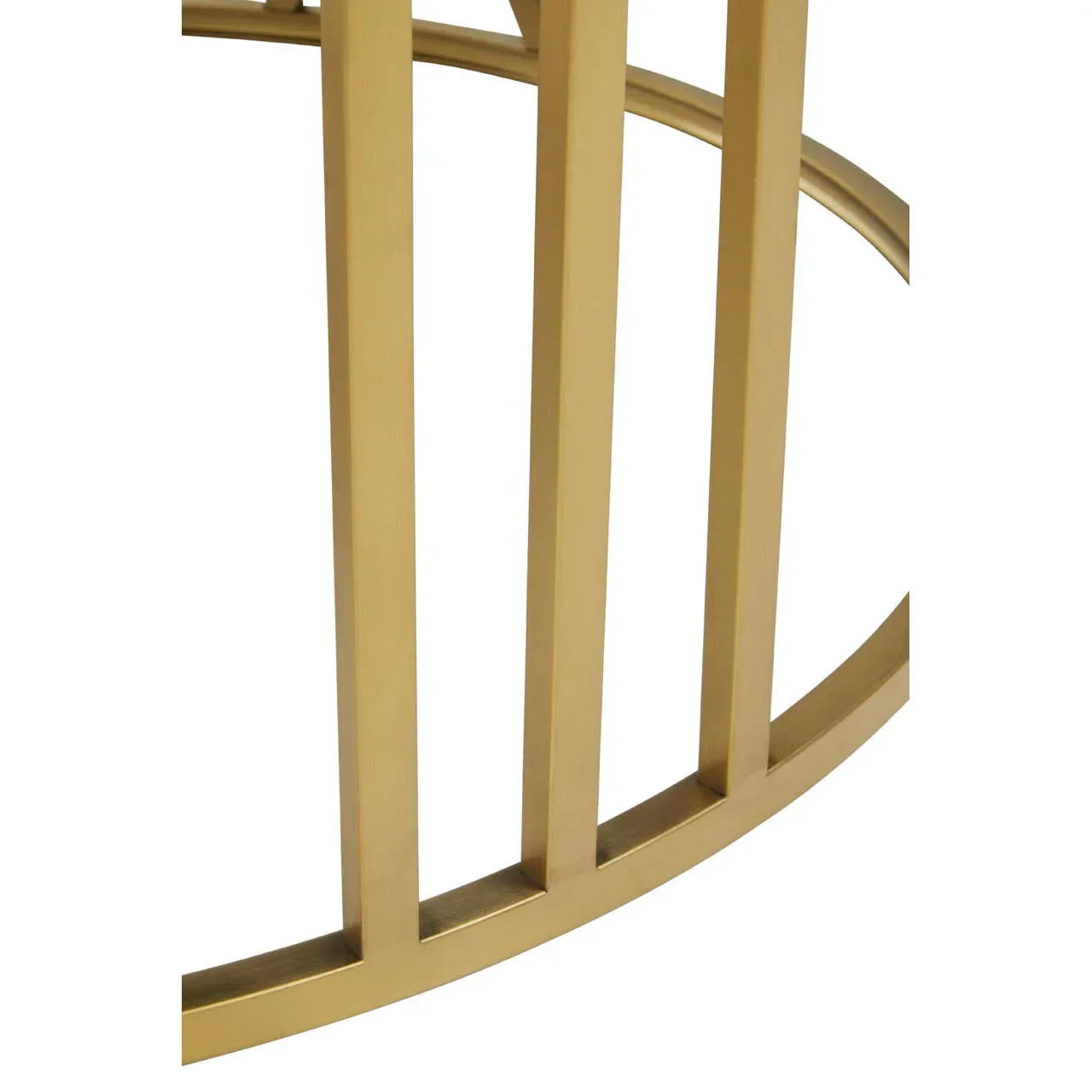 Gold metal table base with vertical bars and curved edge detail