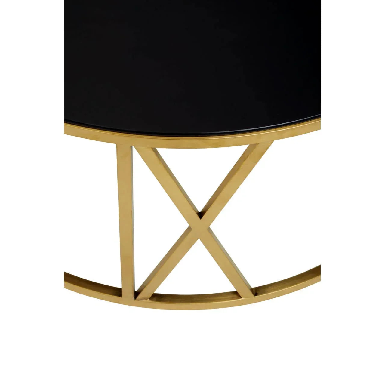 Black glass coffee table with gold metal frame and geometric cross detail