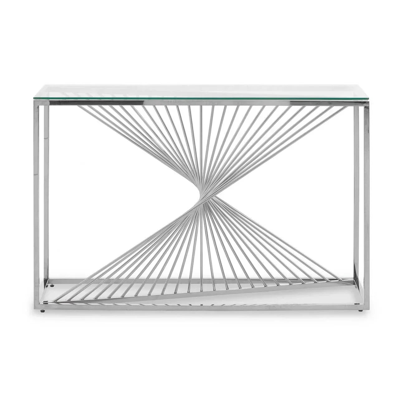 Glass console table with twisted chrome metal base in geometric design