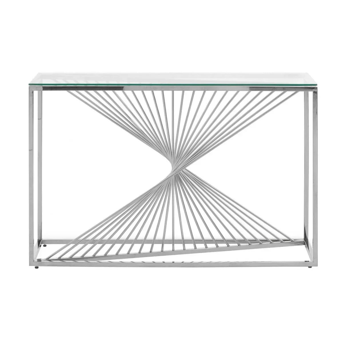 Glass console table with geometric metal base in silver finish, modern hallway furniture