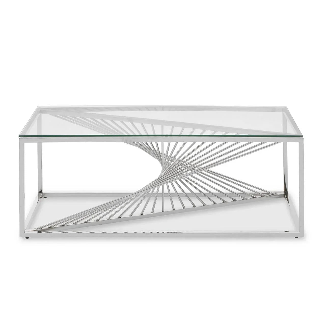 Modern glass coffee table with chrome metal twisted base, front angle view