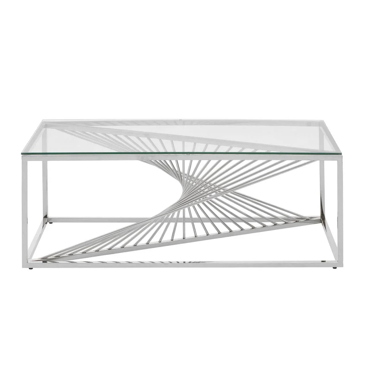 Glass top coffee table with chrome metal geometric base, modern rectangular design