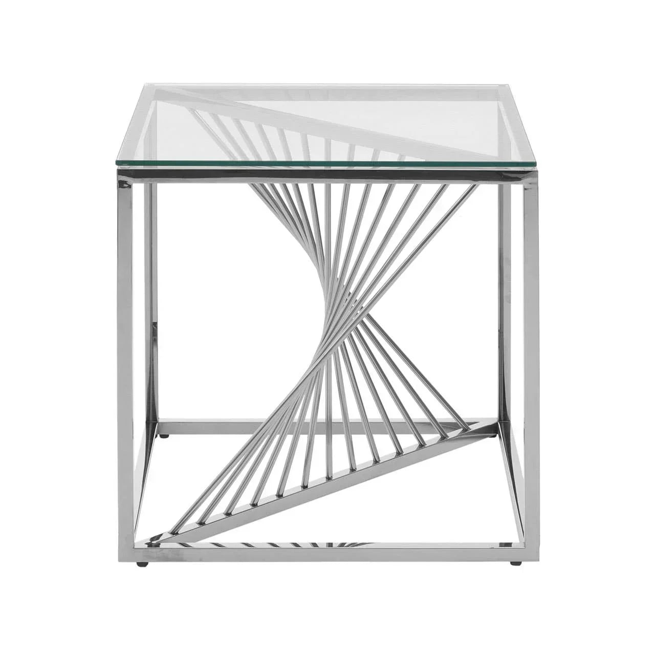 Square glass side table with twisted chrome metal base, modern geometric design