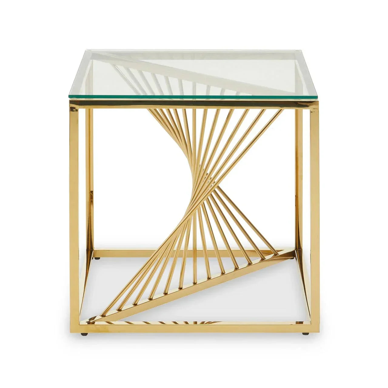 Gold metal side table with geometric twisted frame and clear glass top, front view