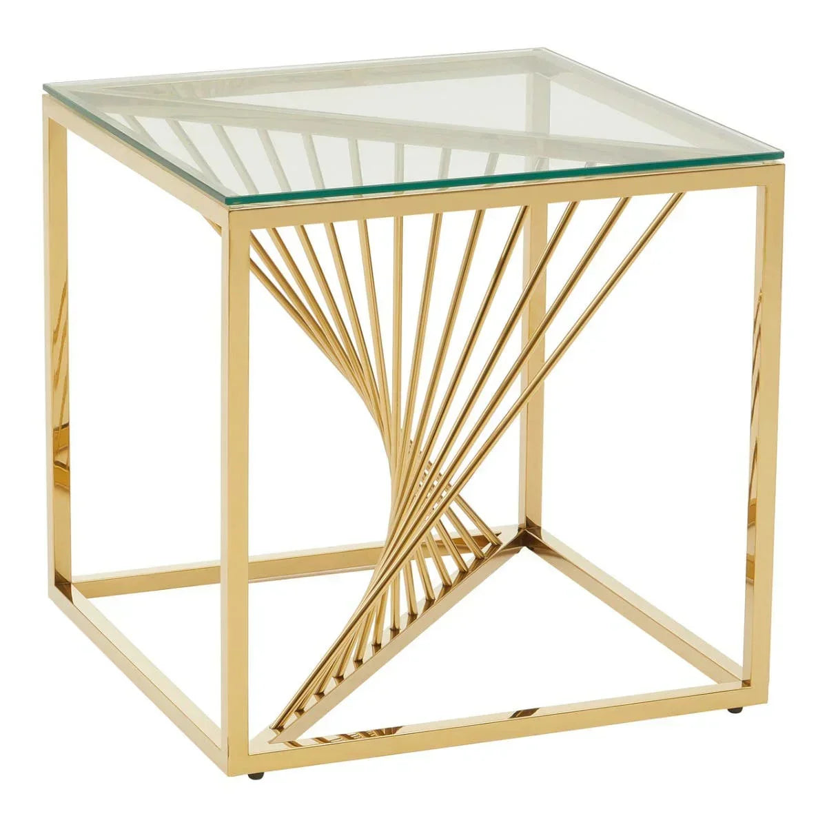Glass top side table with gold metal frame and geometric twisted base design