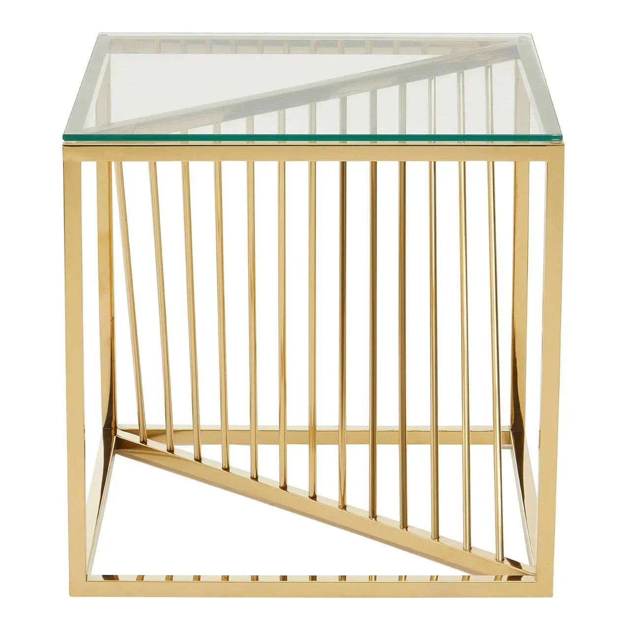 Glass top side table with gold metal geometric frame, front view