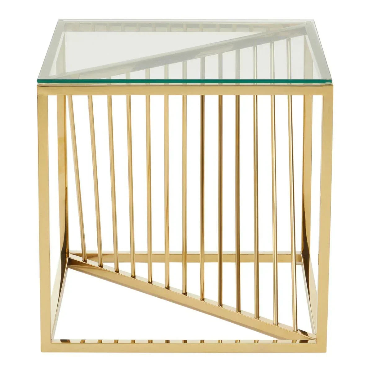 Square glass top side table with gold metal geometric frame