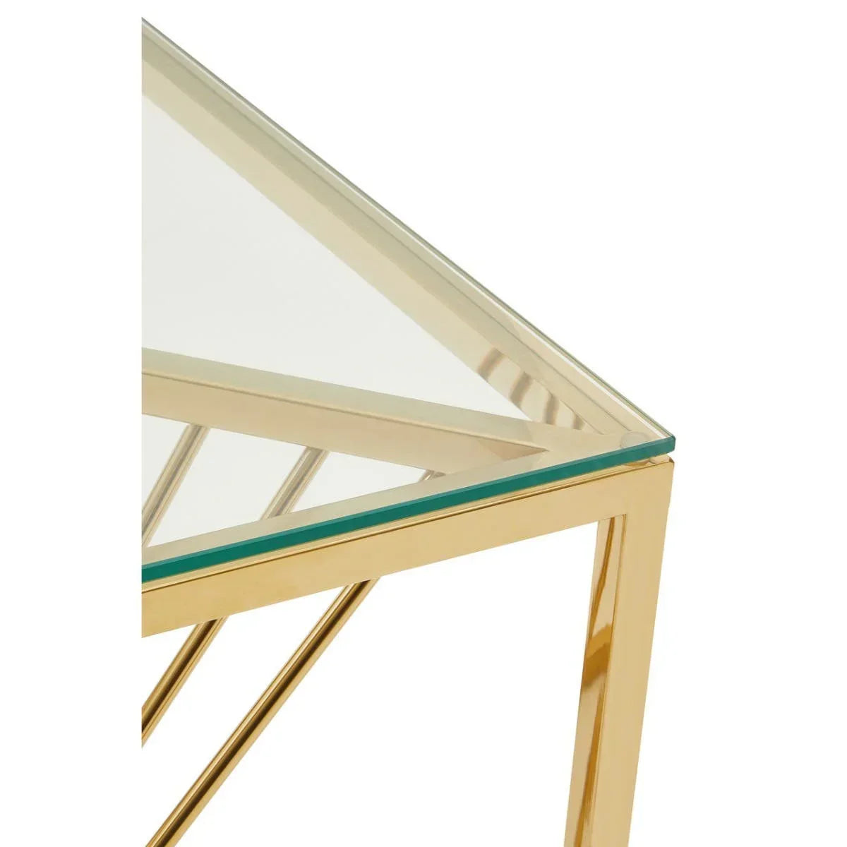 Glass top side table with gold metal frame and geometric design, close angle view