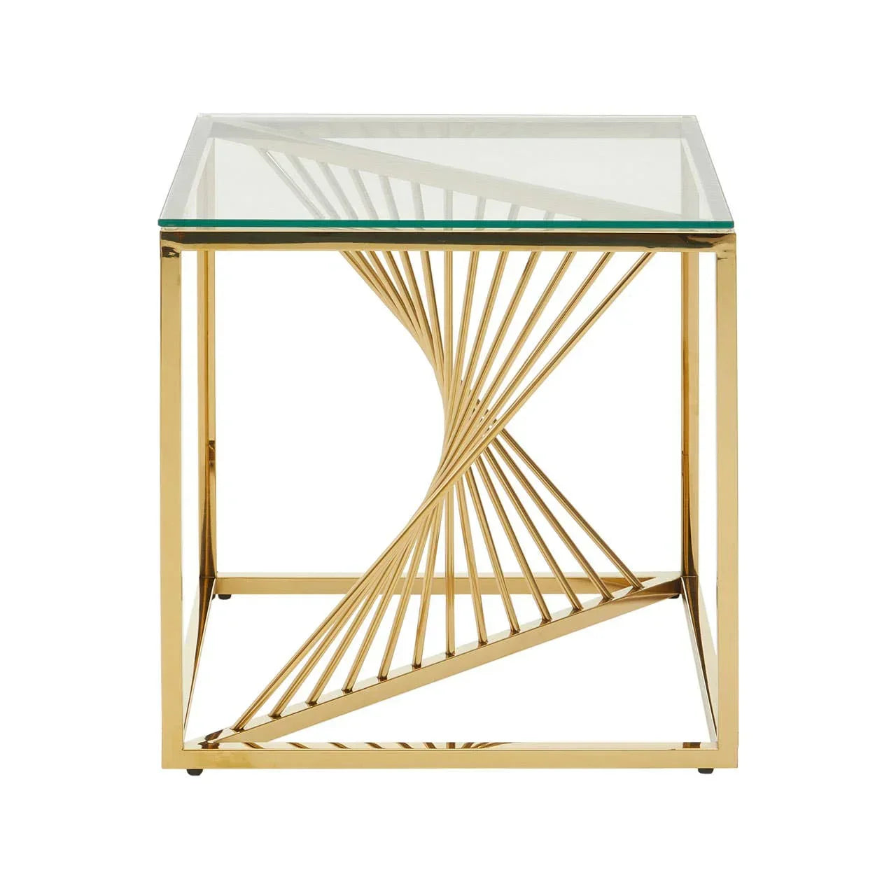 Square glass top side table with gold metal geometric twisted base, modern accent furniture