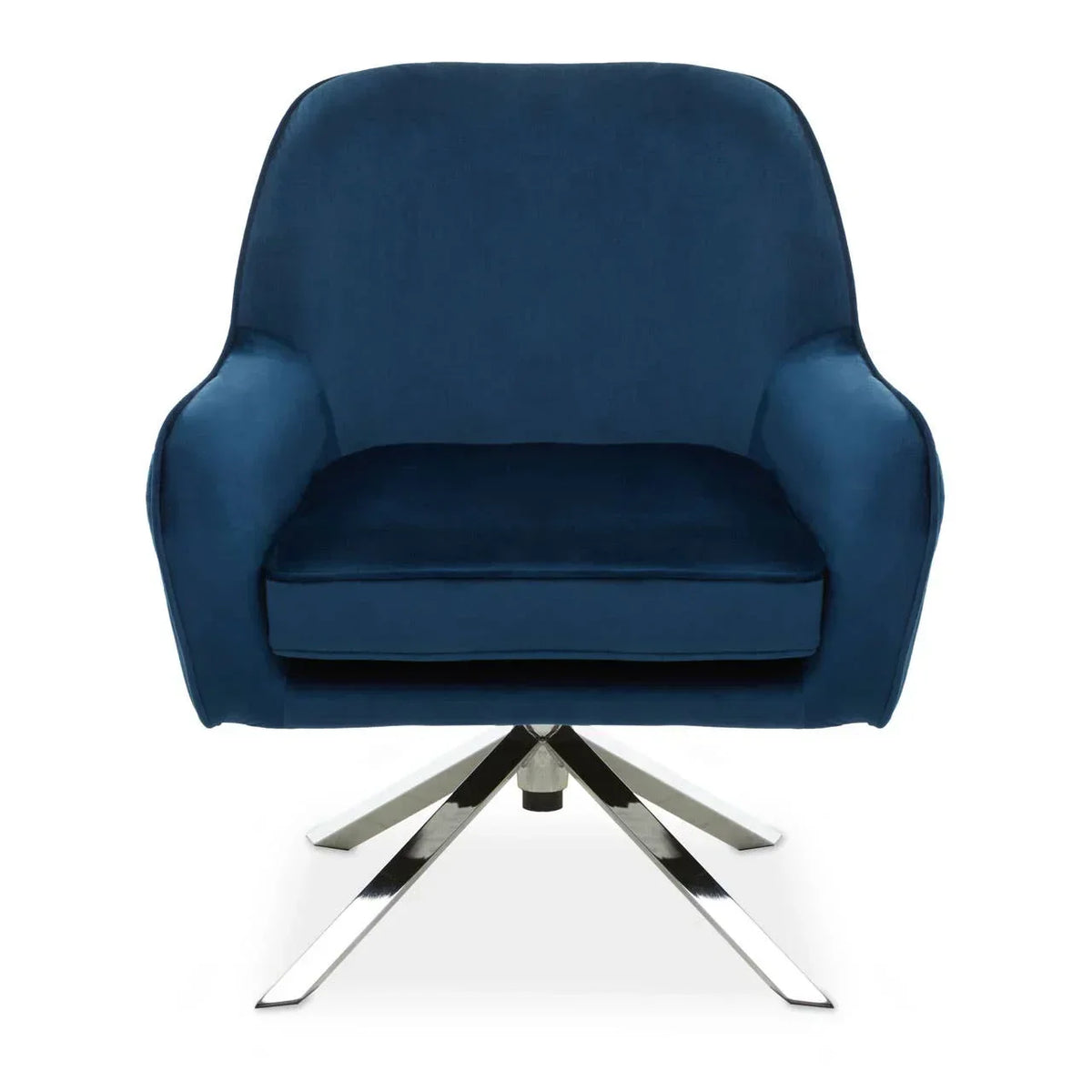 Blue velvet accent chair with chrome swivel base, front view