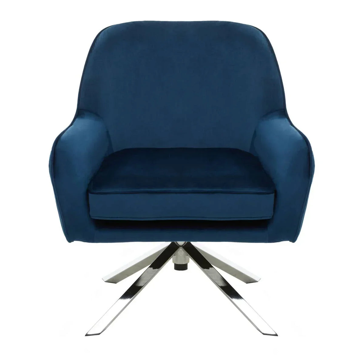 Blue velvet accent swivel chair with chrome metal base, front view