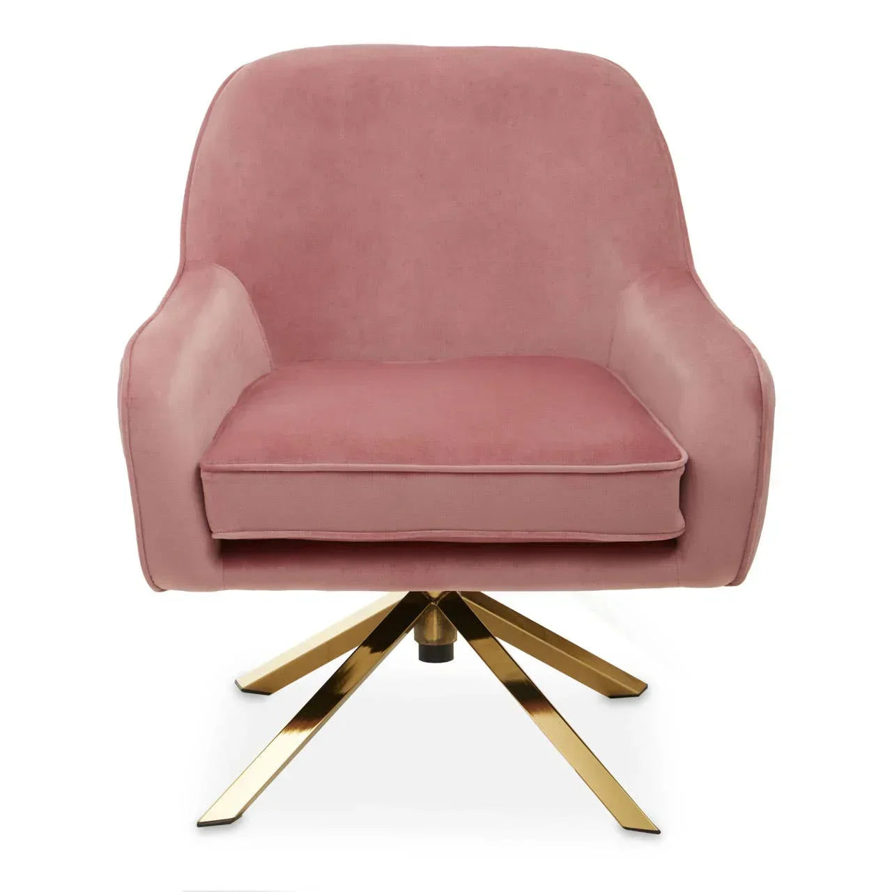 Pink velvet accent chair with gold metal swivel base, front view