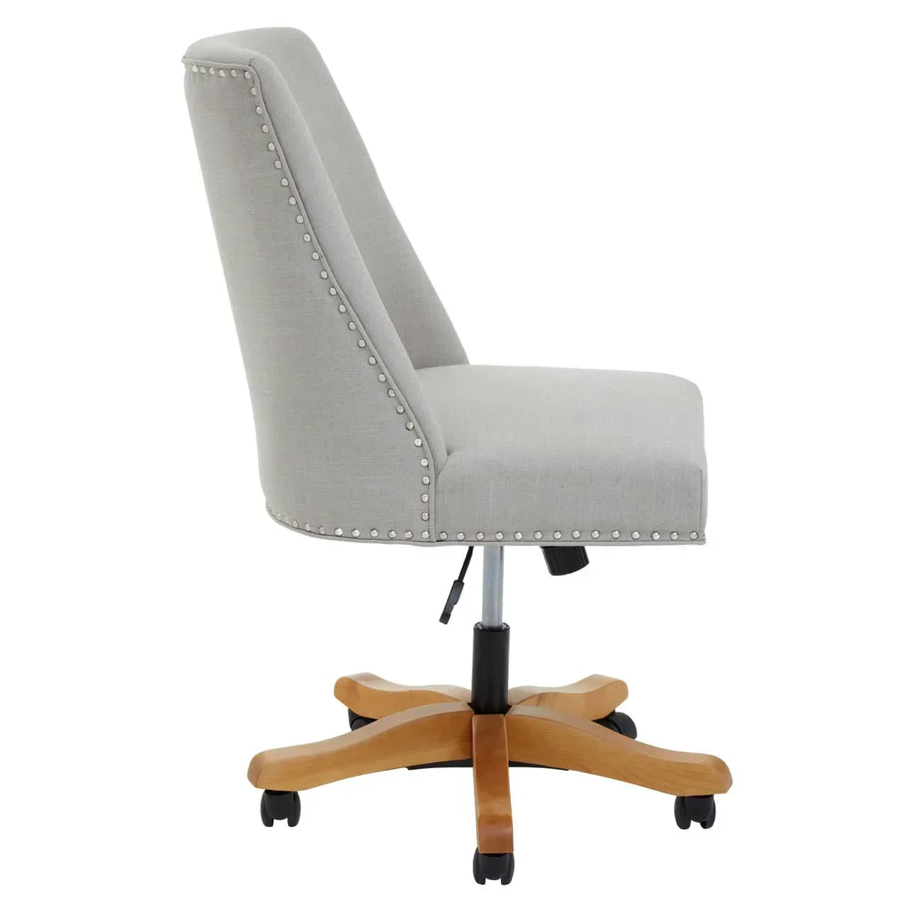 Grey upholstered office chair with studded trim and wooden base on castors, side profile