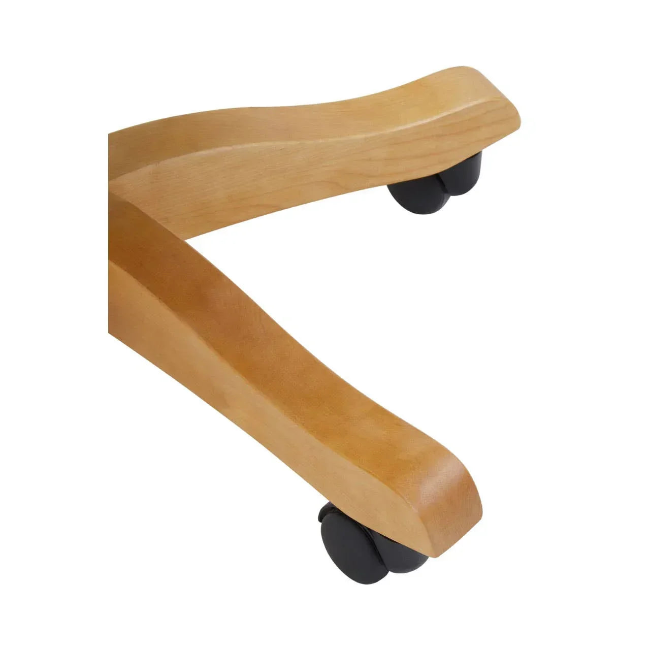 Light wood chair leg with black castor wheels, close-up of furniture base