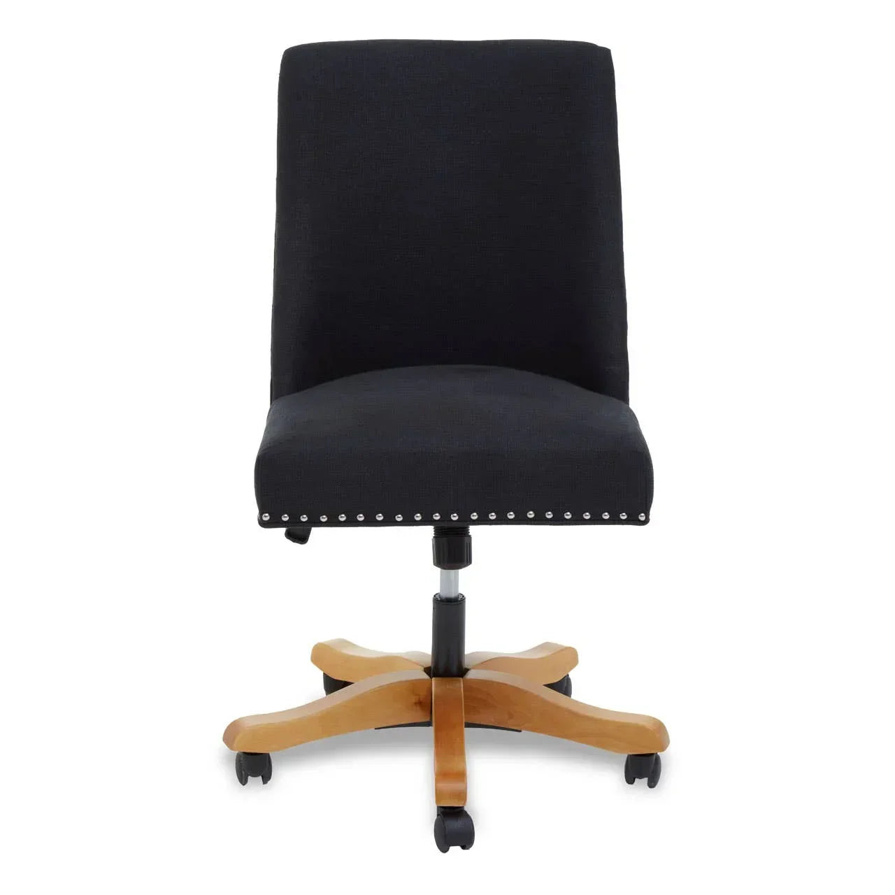 Black office chair with cushioned seat, nailhead trim, and wooden swivel base on wheels