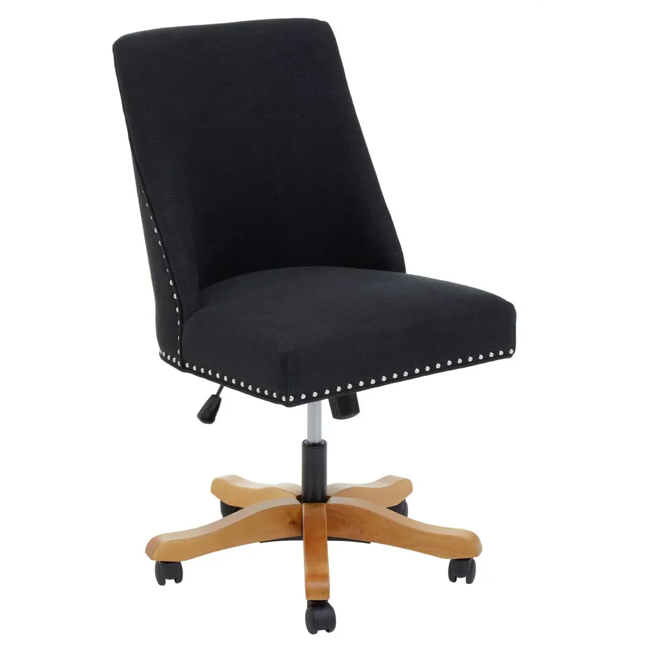 Black fabric office chair with studded trim and wooden base on castors