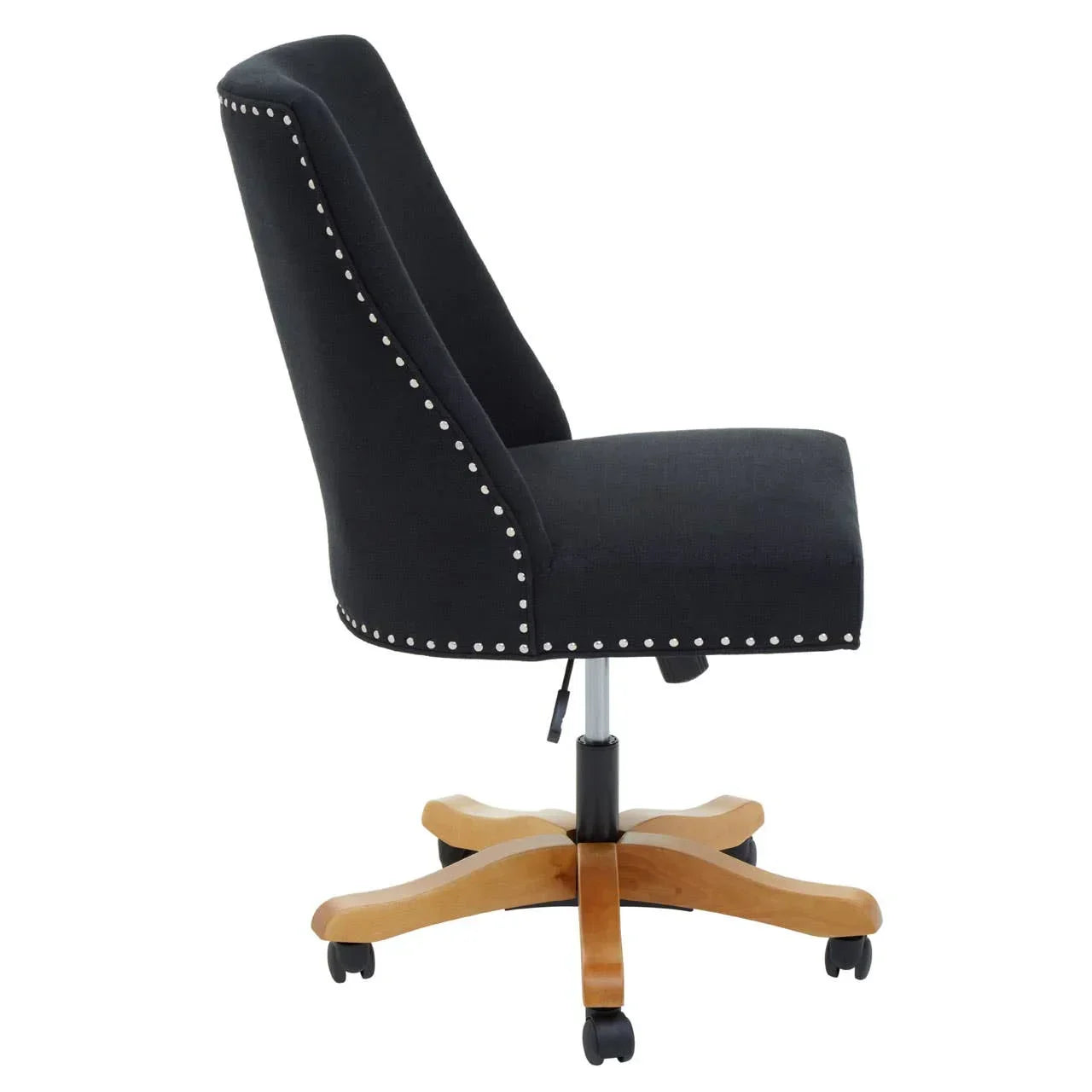 Black upholstered office chair with silver stud trim and wooden base, side view