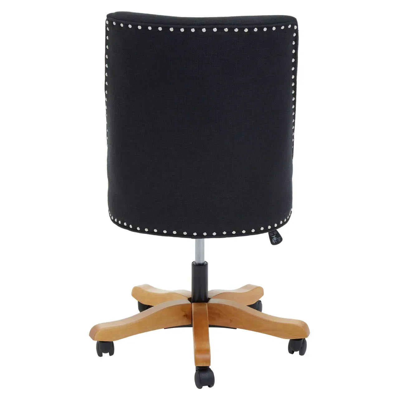 Black office chair with nailhead trim and wooden base on castor wheels, rear view