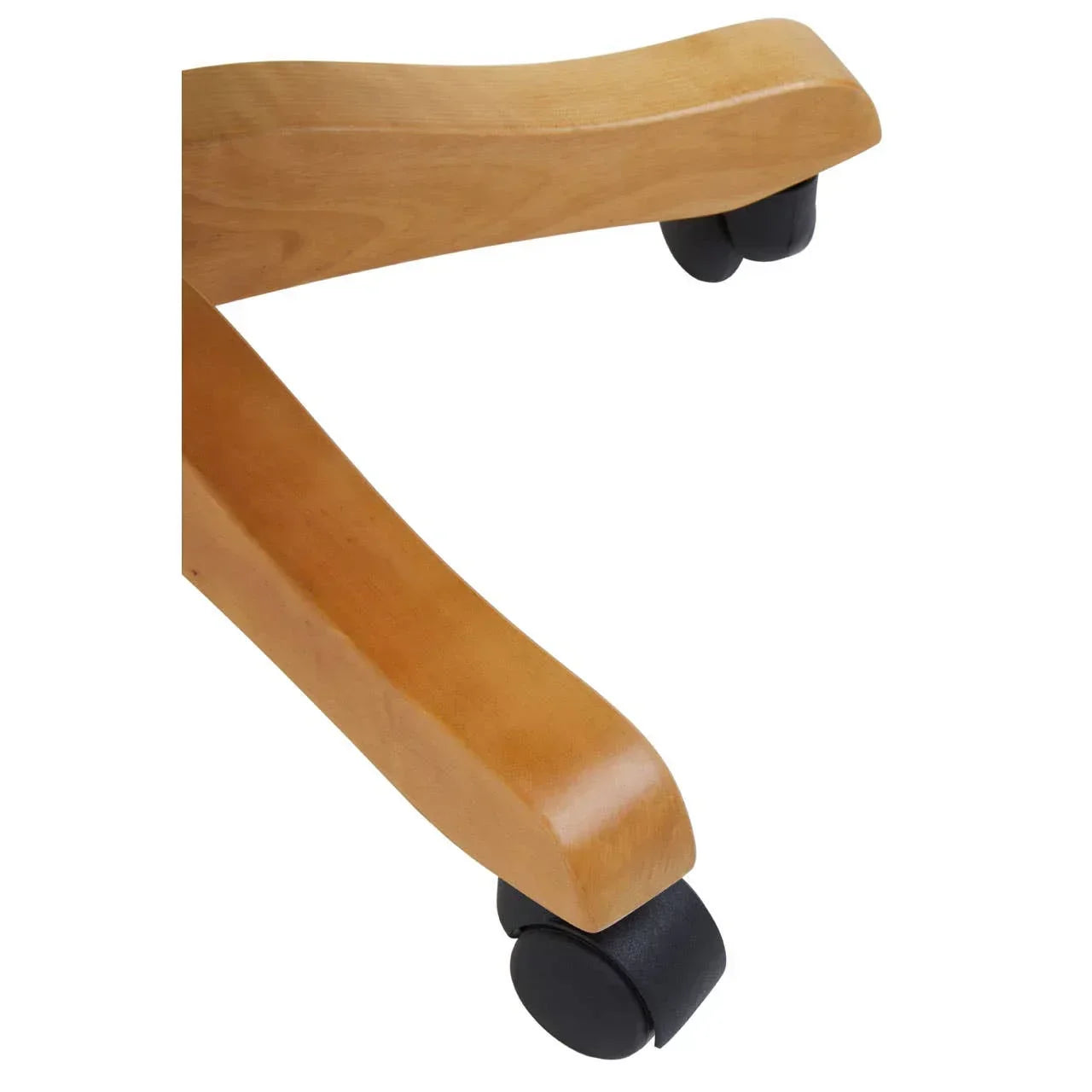 Light wood chair base with black castor wheels, close-up view