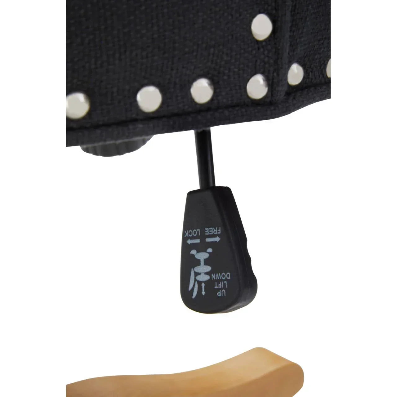 Close-up of black office chair lever with instructions for lift and lock functions