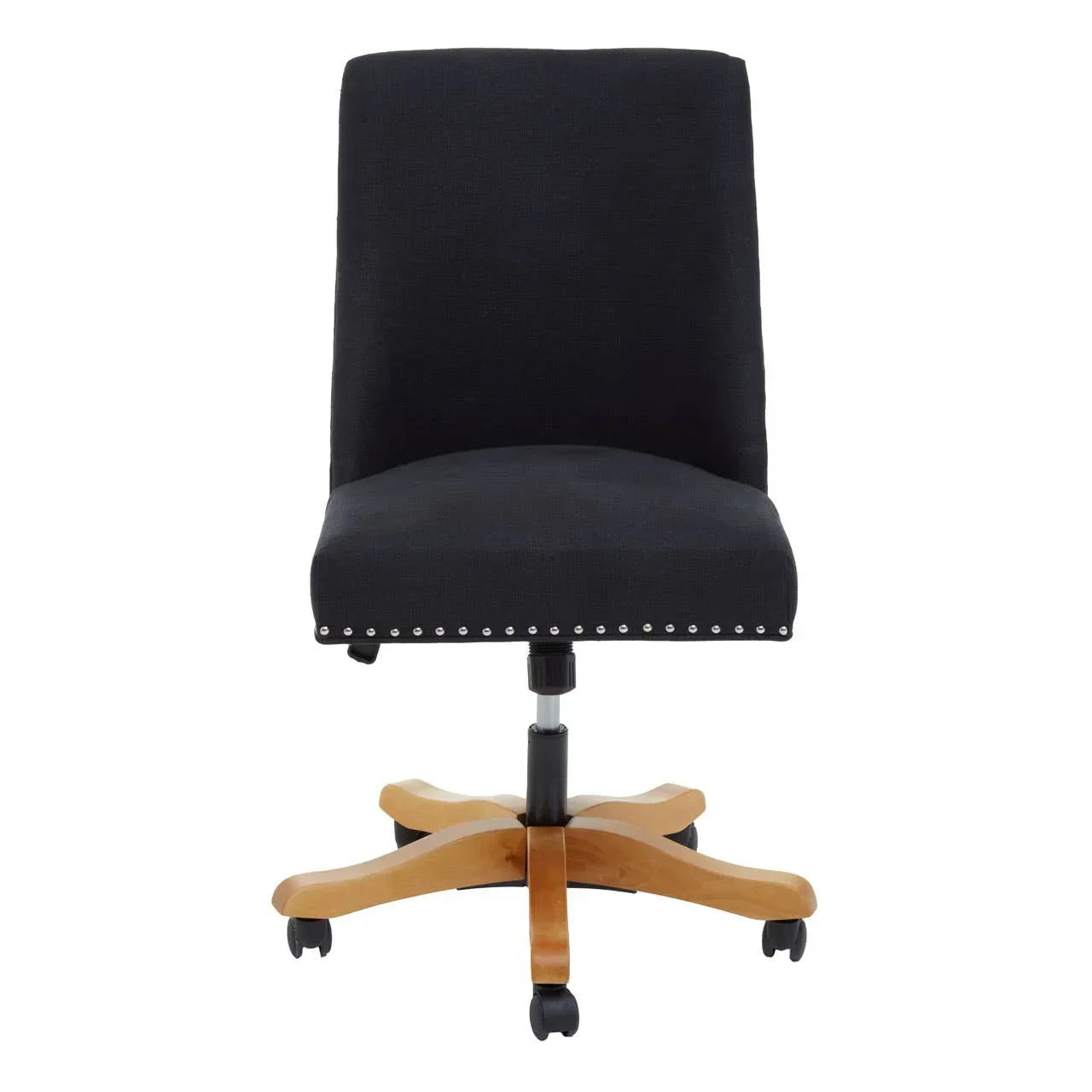 Black upholstered office chair with wooden base and silver stud detail, front view