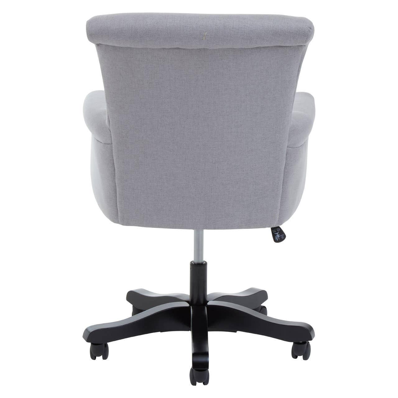 Back view of grey fabric office chair with padded backrest and black wheeled base