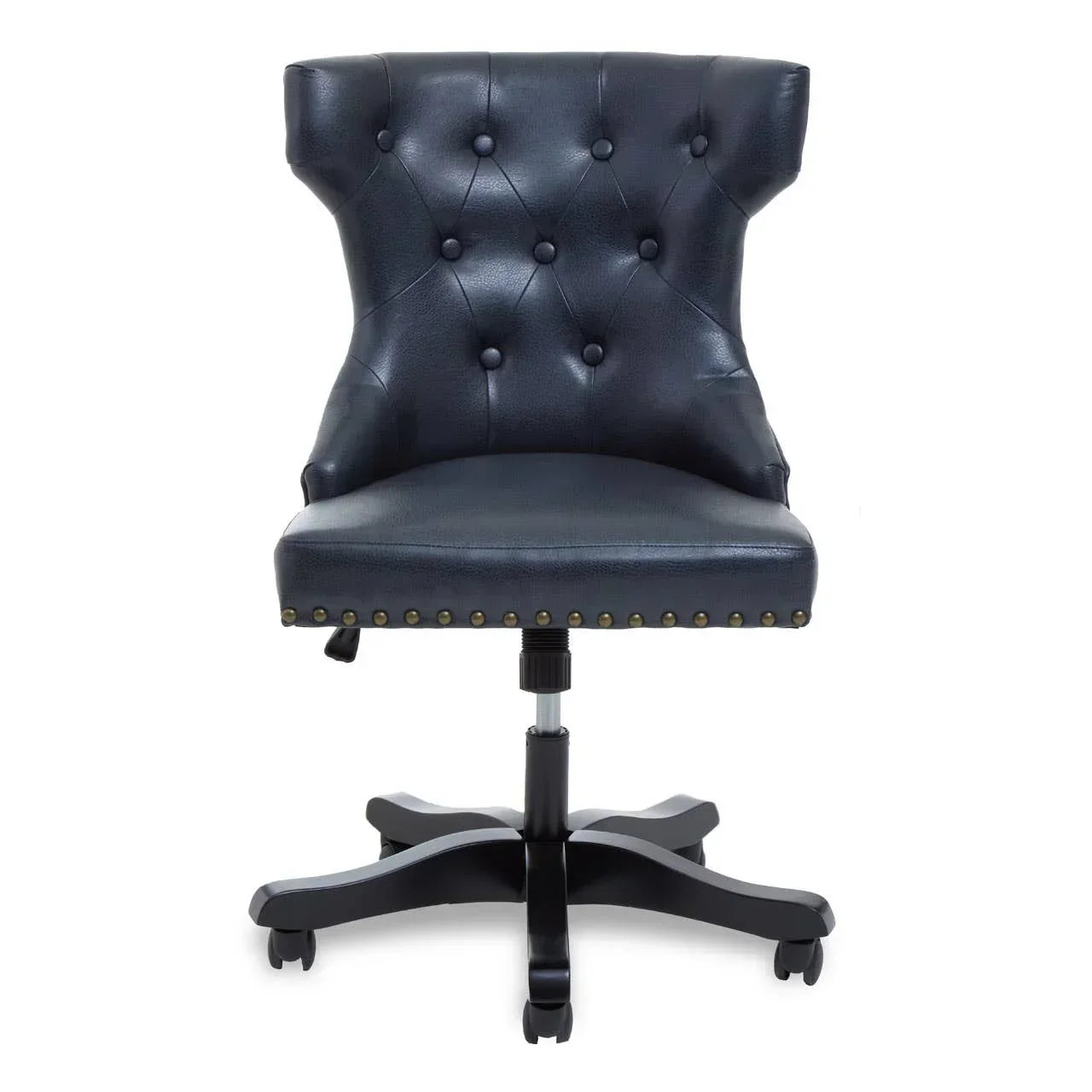 Black leather office chair with tufted backrest and studded trim on wheels, front view