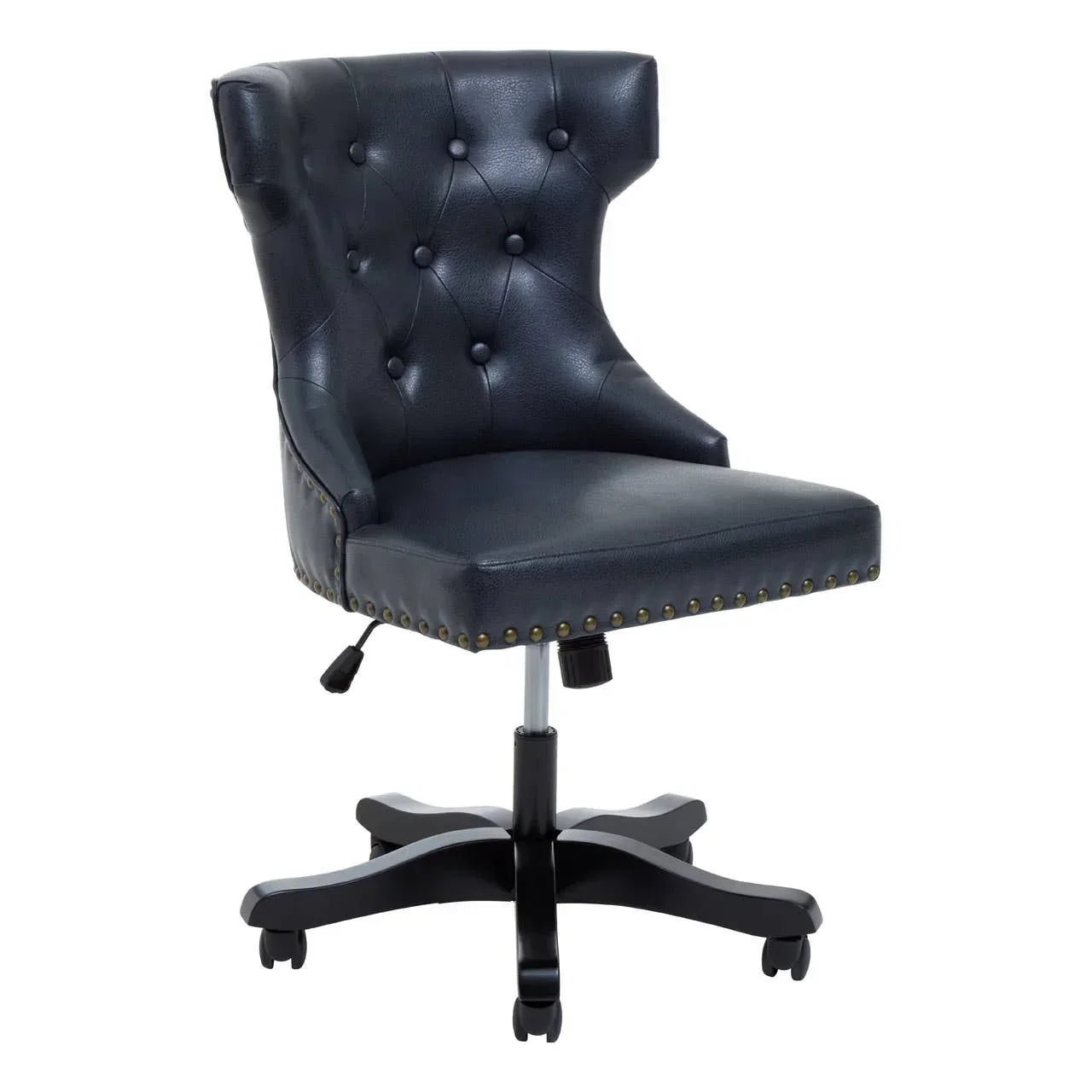 Black leather office chair with button-tufted back and brass stud trim on castor base