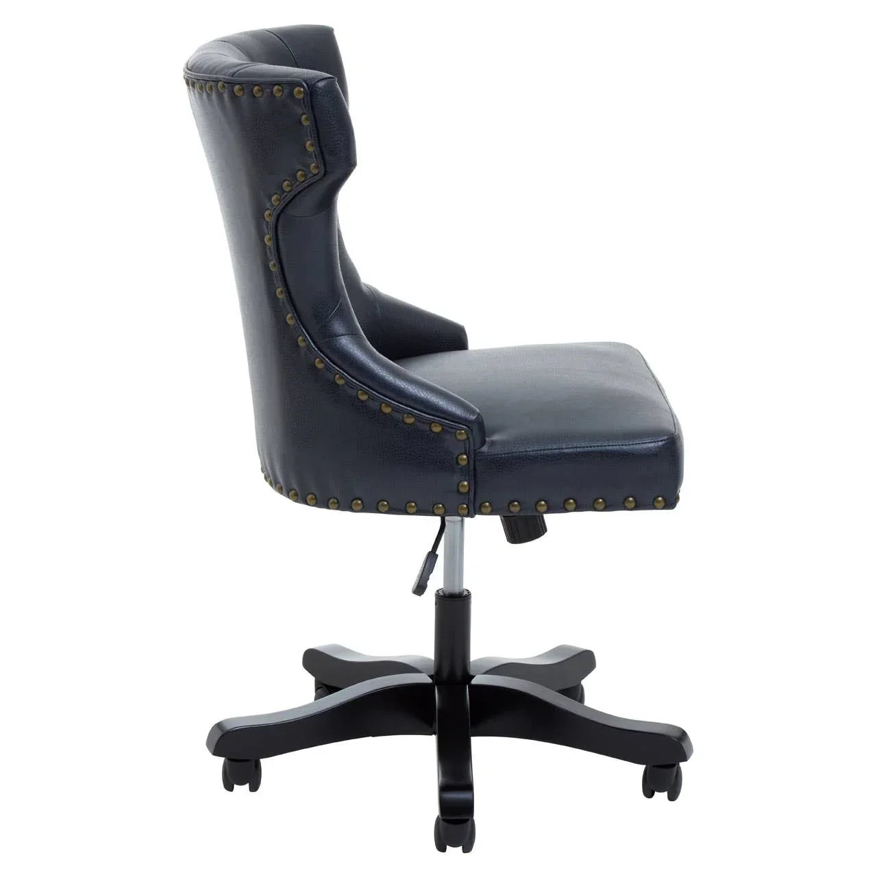 Side view of navy leather office chair with brass stud detailing and black swivel base