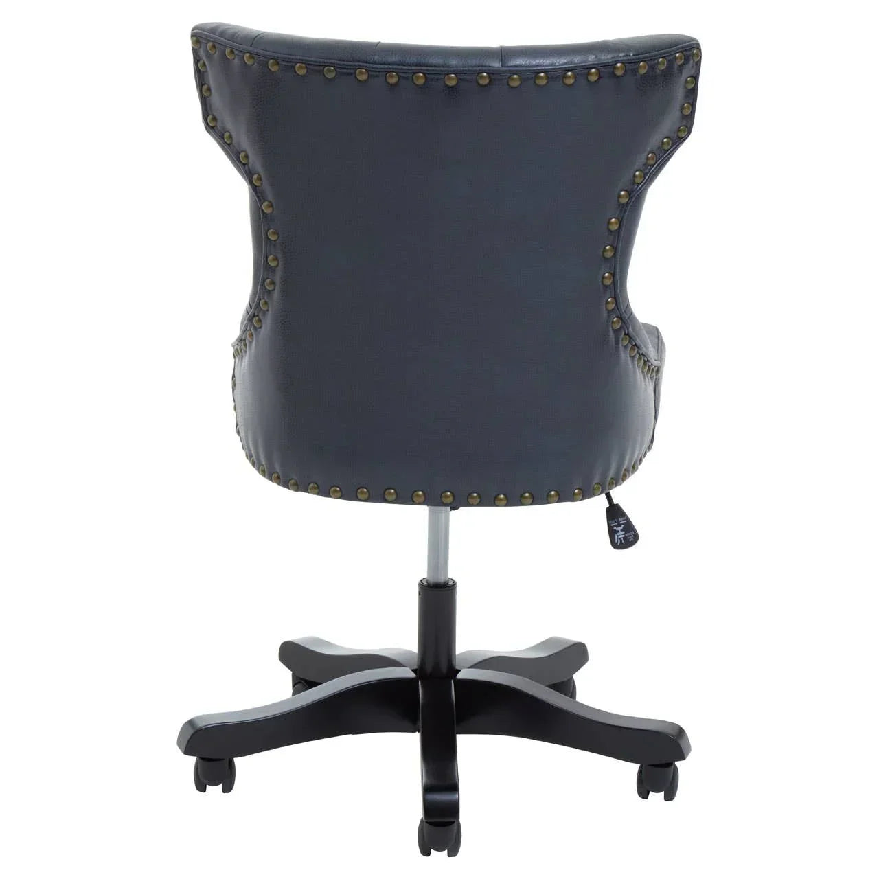 Back view of dark grey office chair with nailhead trim and black wheeled base