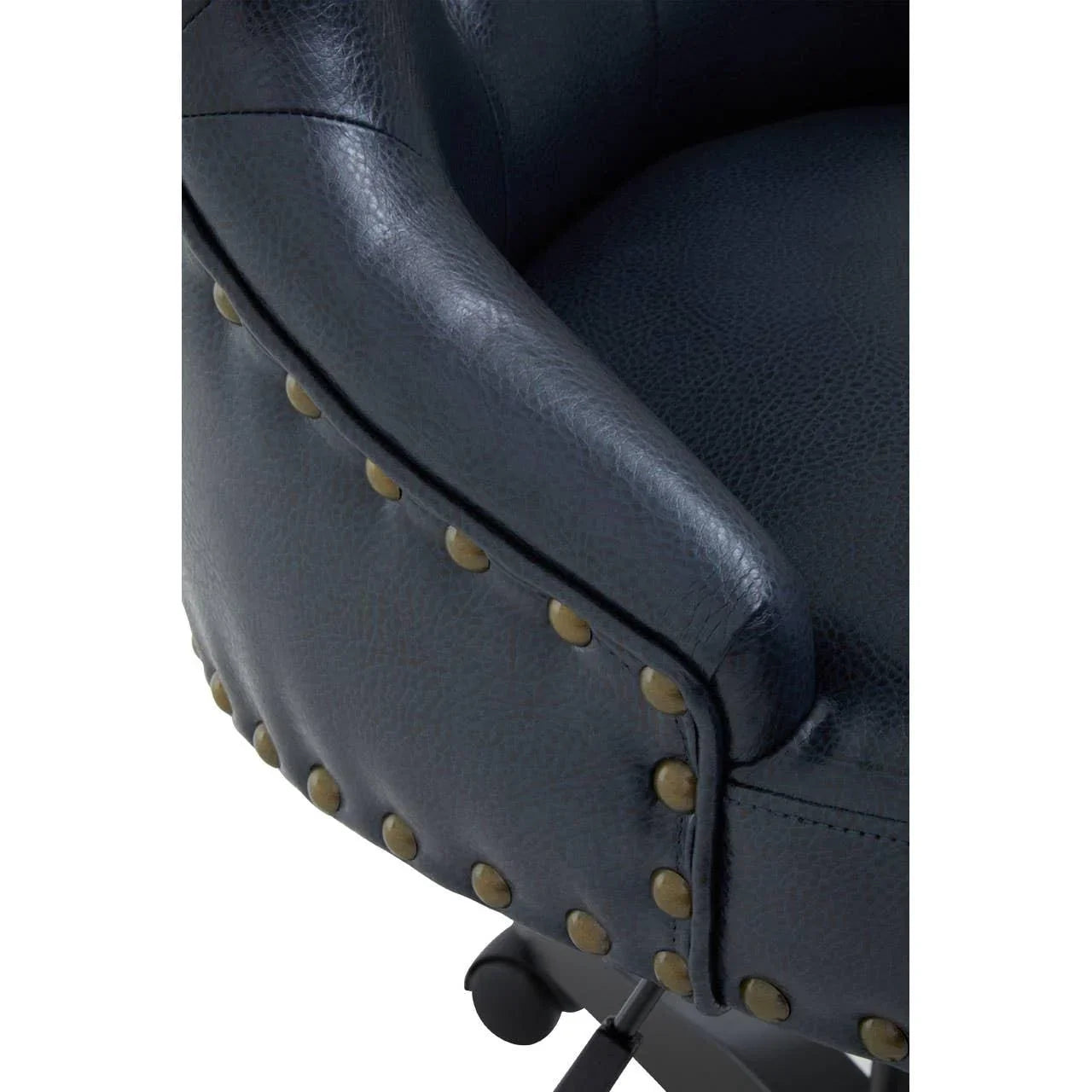 Close view of blue leather office chair with brass stud detailing and stitched edge