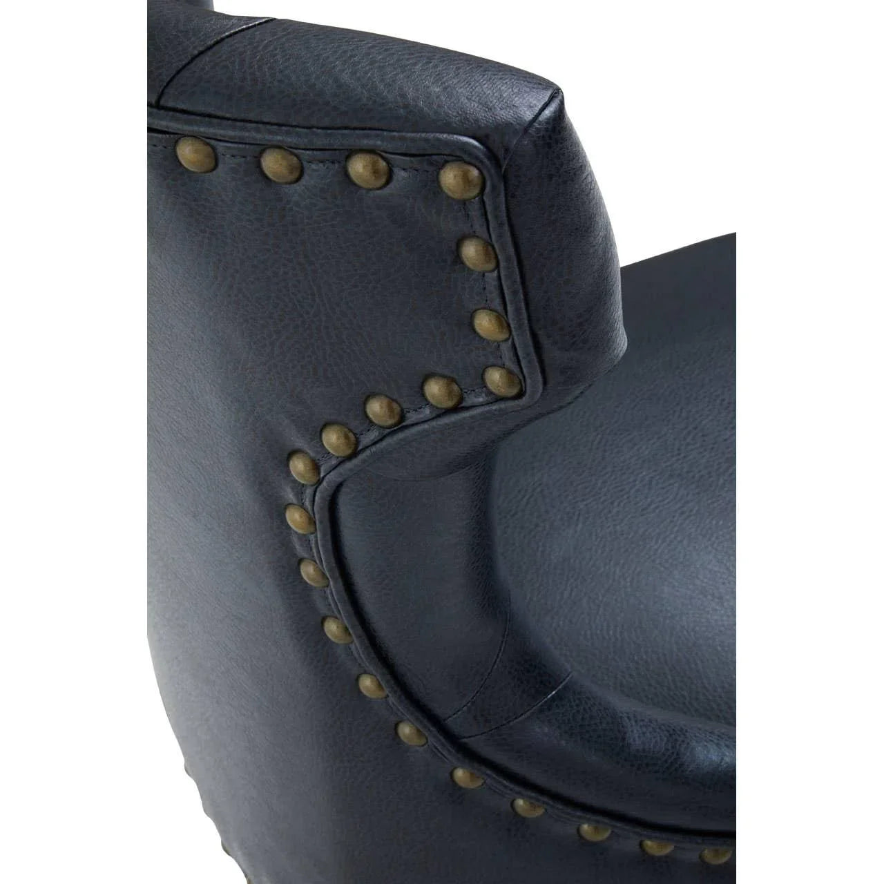 Black leather dining chair with brass studded trim detail on curved backrest