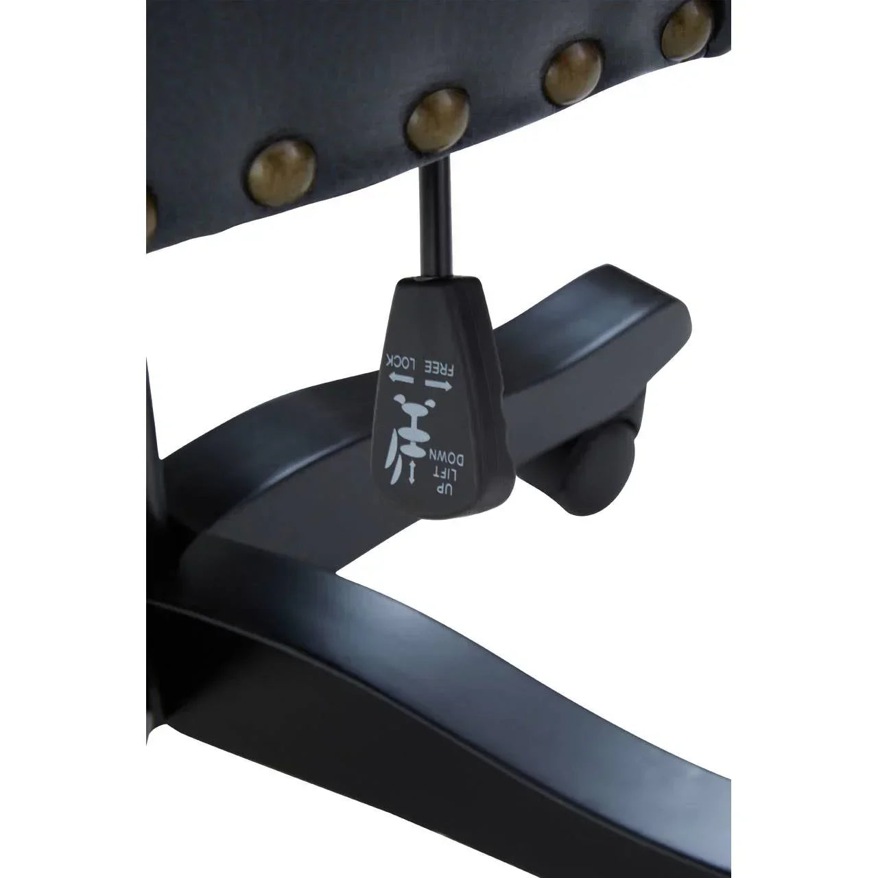 Closeup of office chair adjustment lever, black base and studded seat edge visible