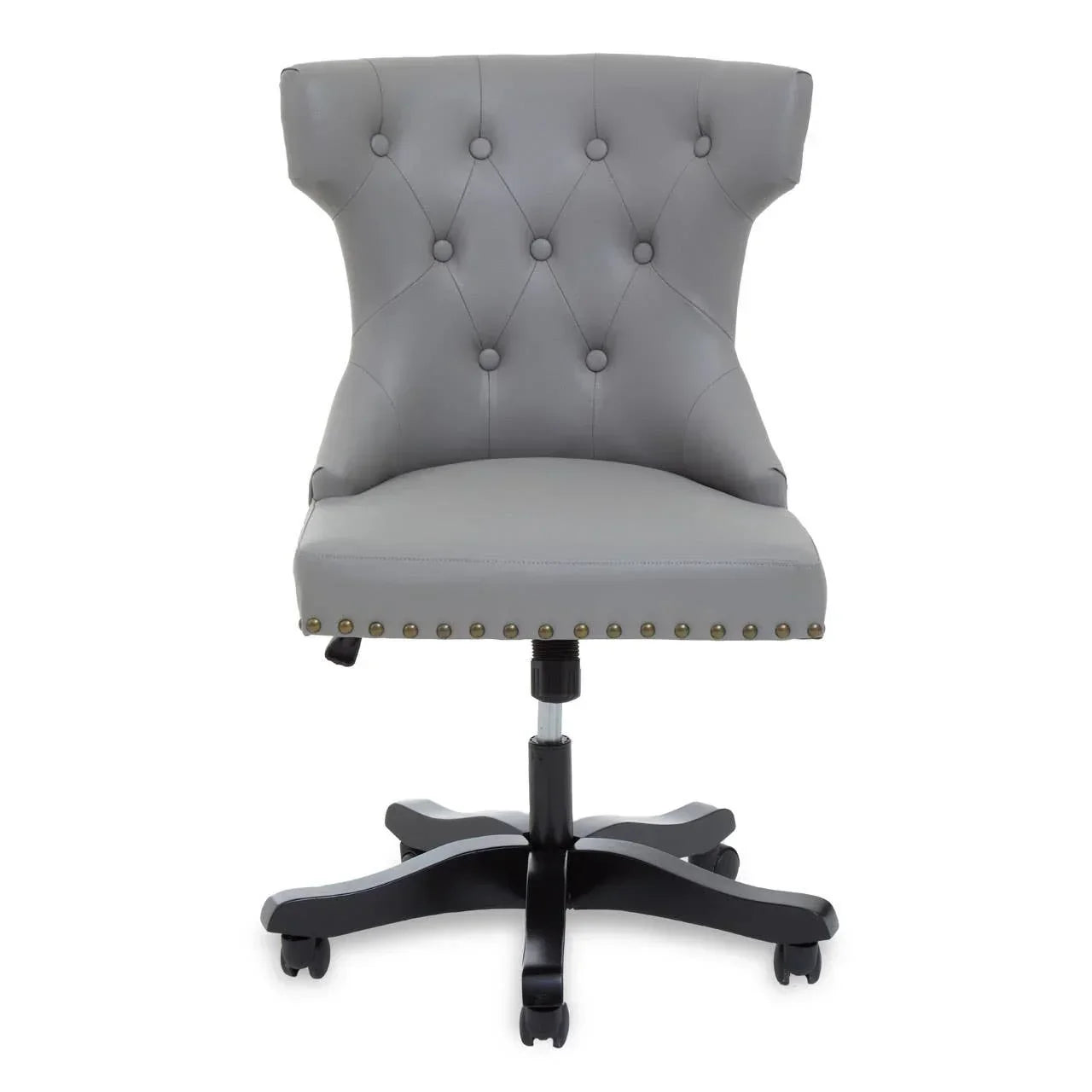 Grey office chair with button-tufted backrest, studded trim, and black wheeled base