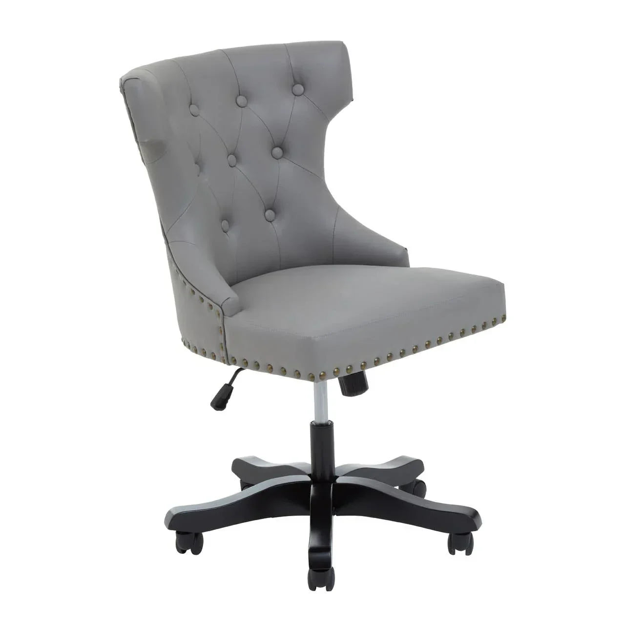 Grey office chair with button-tufted back, nailhead trim, and black wheeled base