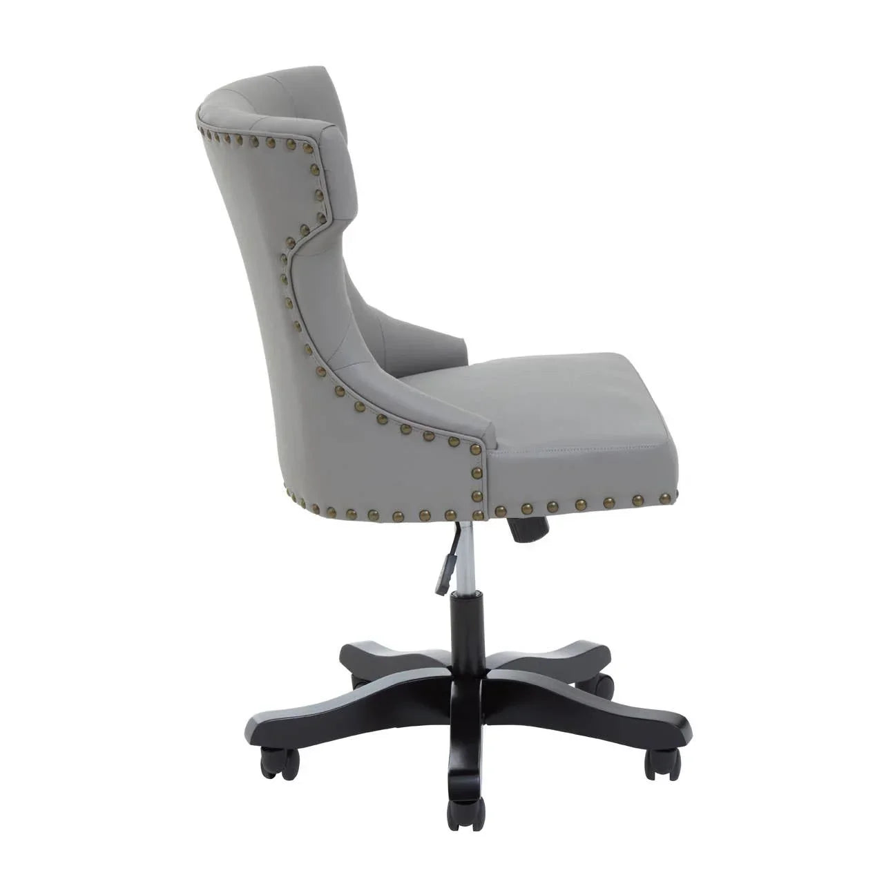 Grey upholstered office chair with studded trim and black swivel base, side view