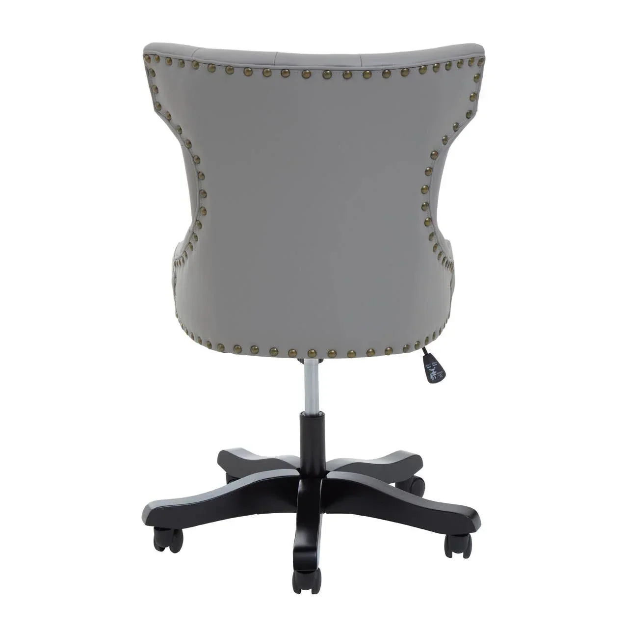 Grey office chair with studded trim and black wheeled base, rear view