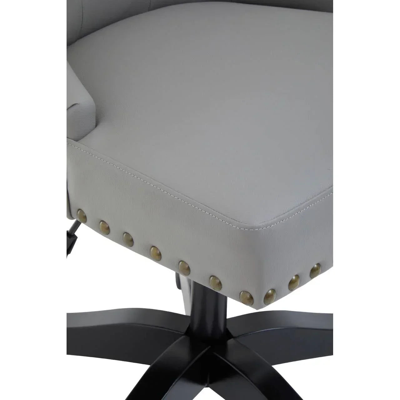 Light grey swivel chair seat with studded trim and black metal base close-up