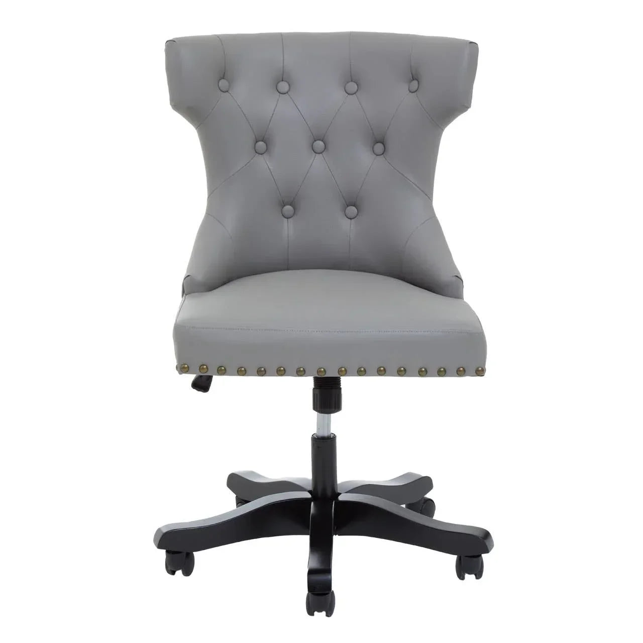 Grey leather office chair with tufted backrest and brass stud detailing on black wheeled base