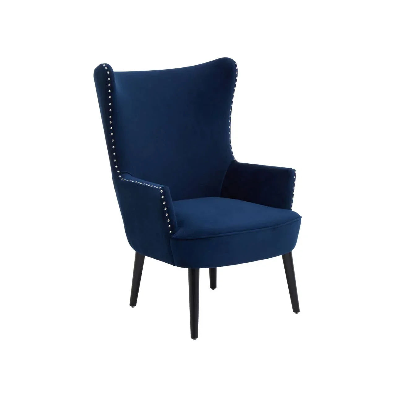 Navy blue velvet accent chair with high back, studded trim, and black wooden legs