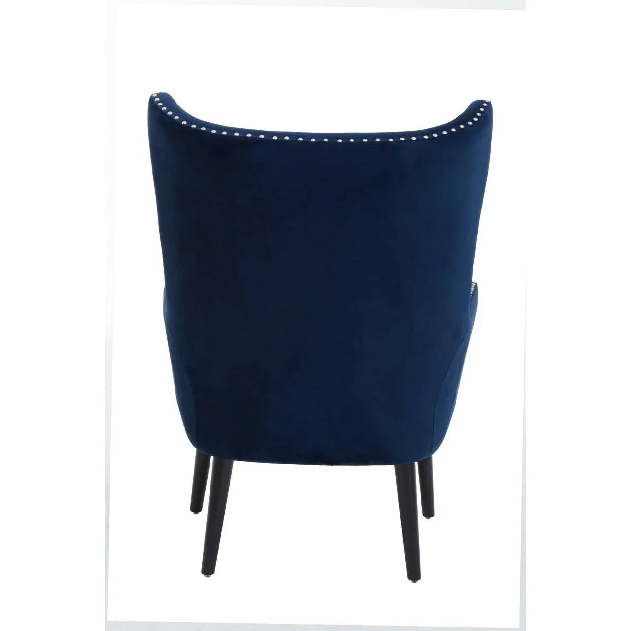 Back view of navy velvet dining chair with black legs and silver stud detailing