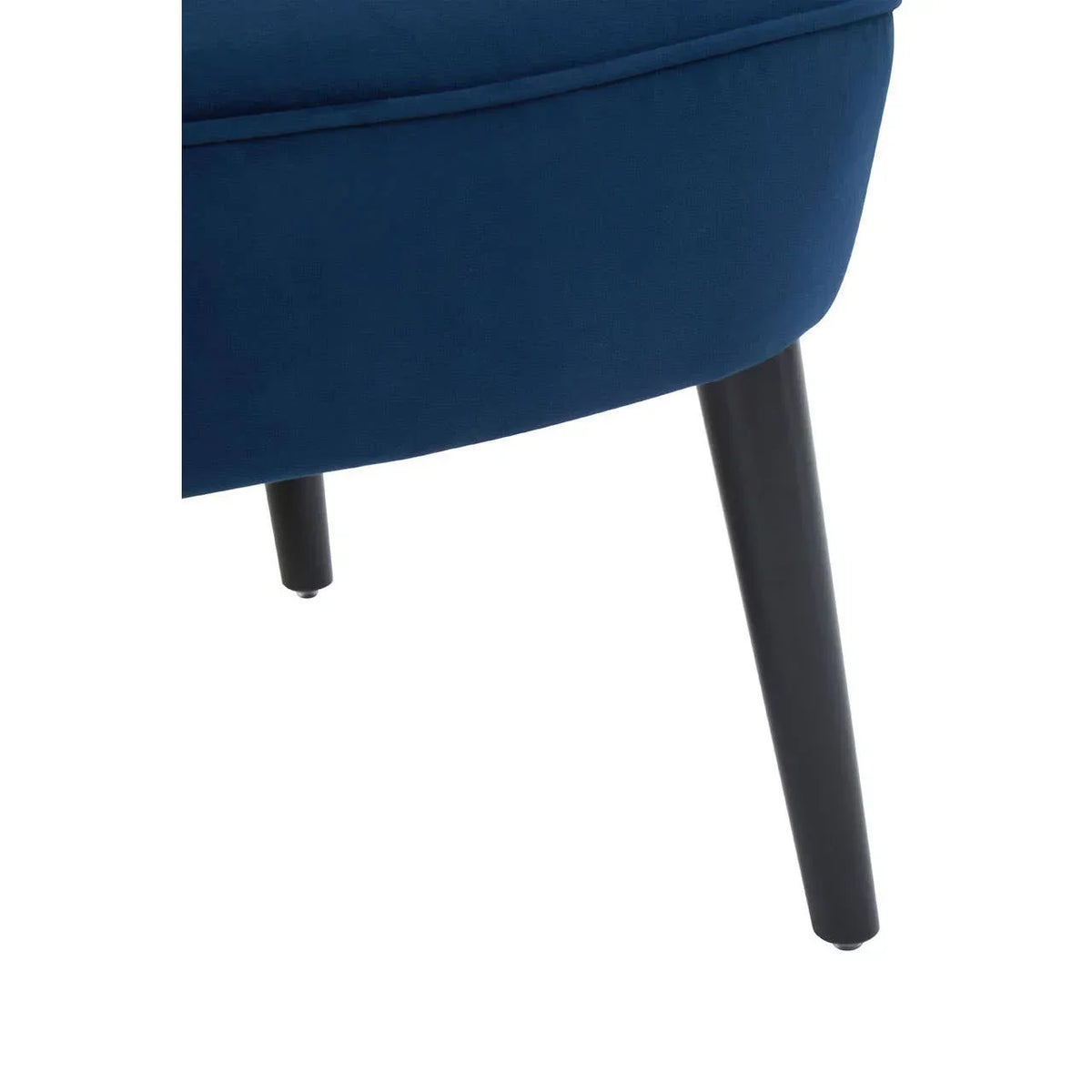 Blue fabric chair close-up with dark wooden legs