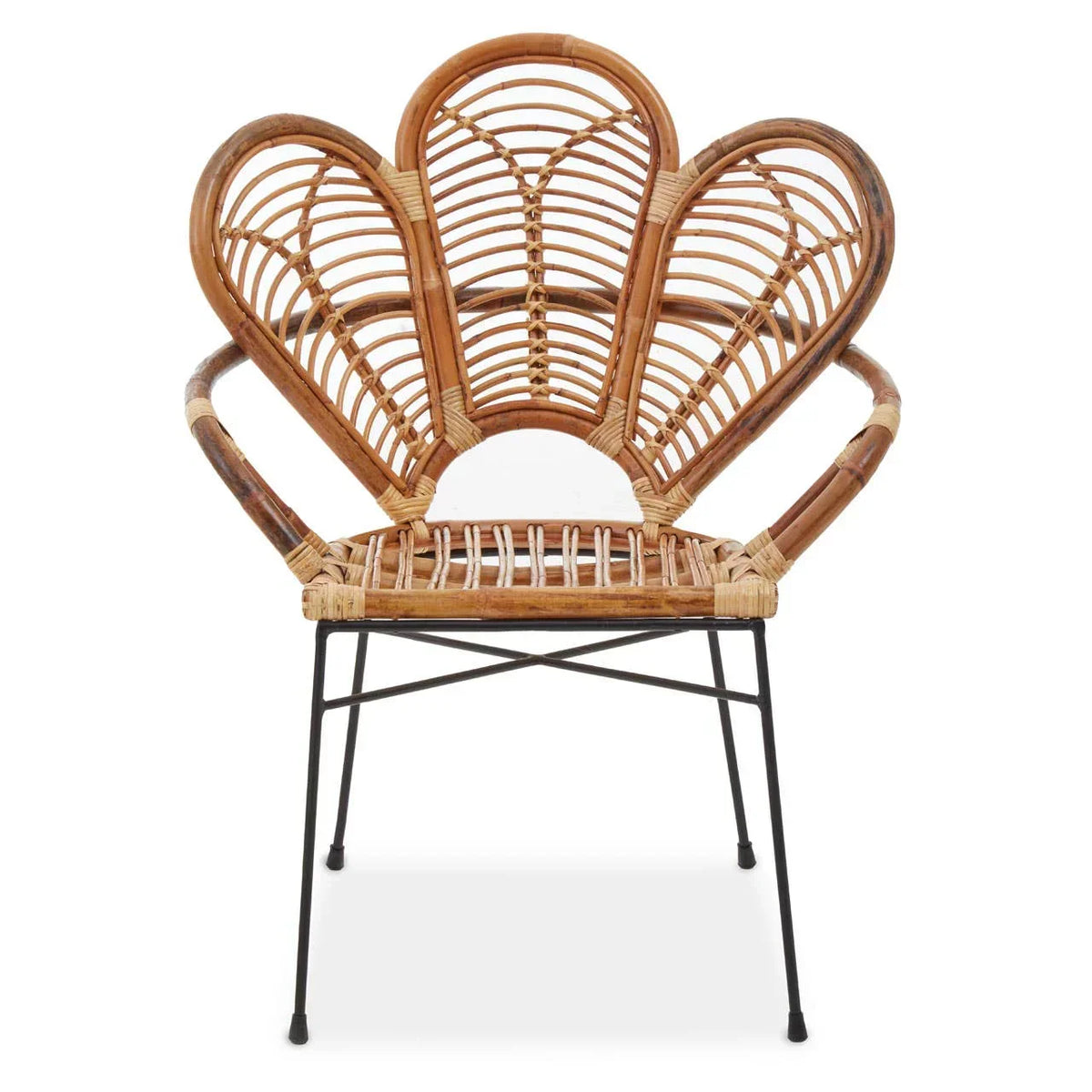 Natural rattan accent chair with sculpted fan-shaped back and black metal legs, front view